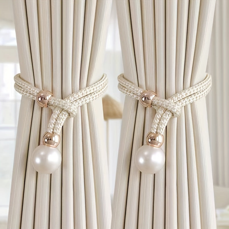 Set of 2 French Curtain Straps Featuring Faux Pearl Decor, Perfect for Home Decoration. Use these Faux Beads Curtain Straps to Adjust, Bind, or Tie Back Your Curtains. These Simple Binding Rope Accessories serve as Curtain Holdbacks for a stylish touch.