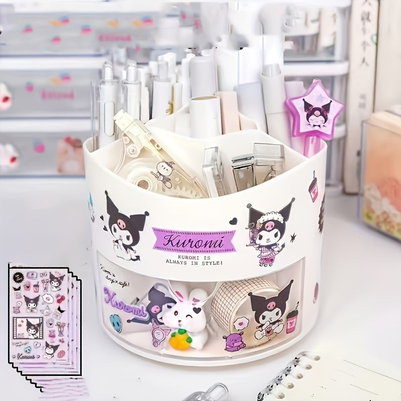 Sanrio Kuromi My Melody rotating pen holder, cute multi-compartment desk organizer made of varnished plastic. Great gift for stationery lovers.