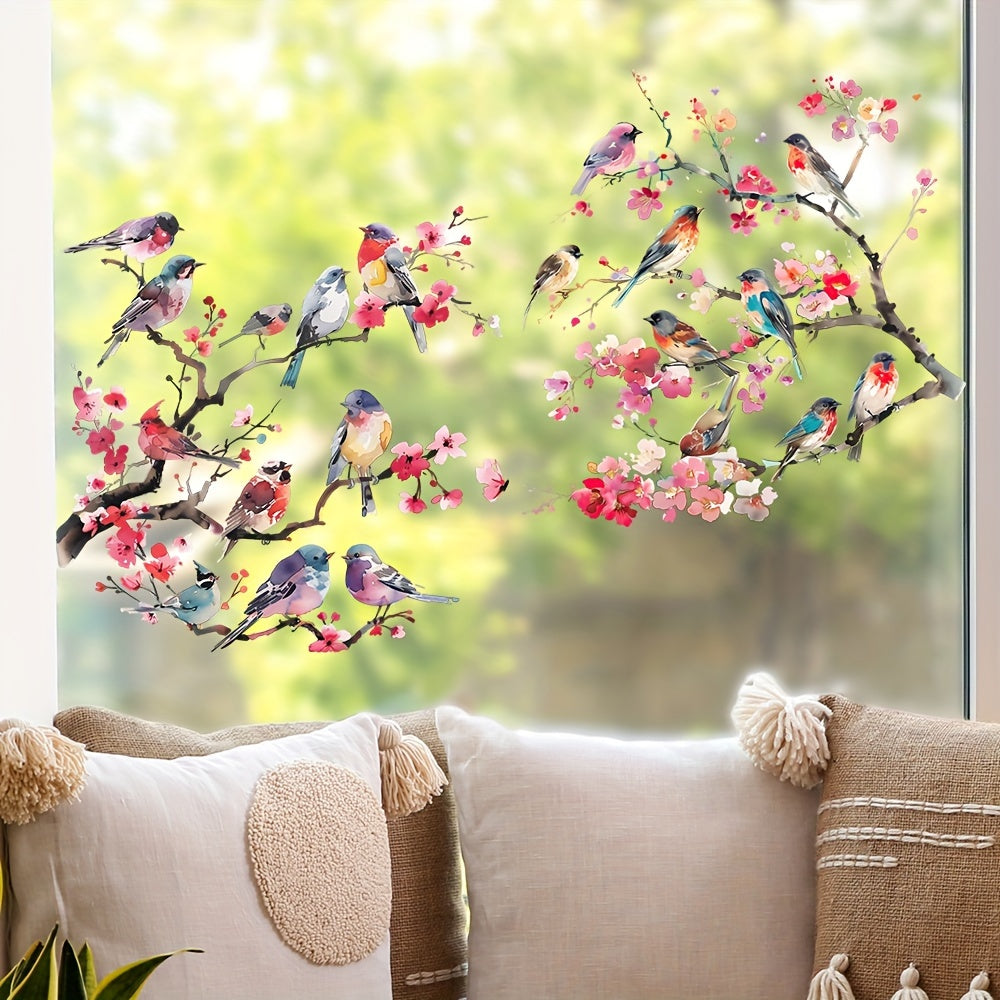 Decorate your home with Watercolor Tree Branches featuring Birds and Flowers - Removable Glass Window Sticker - Measures 59cm x 23.23 inches