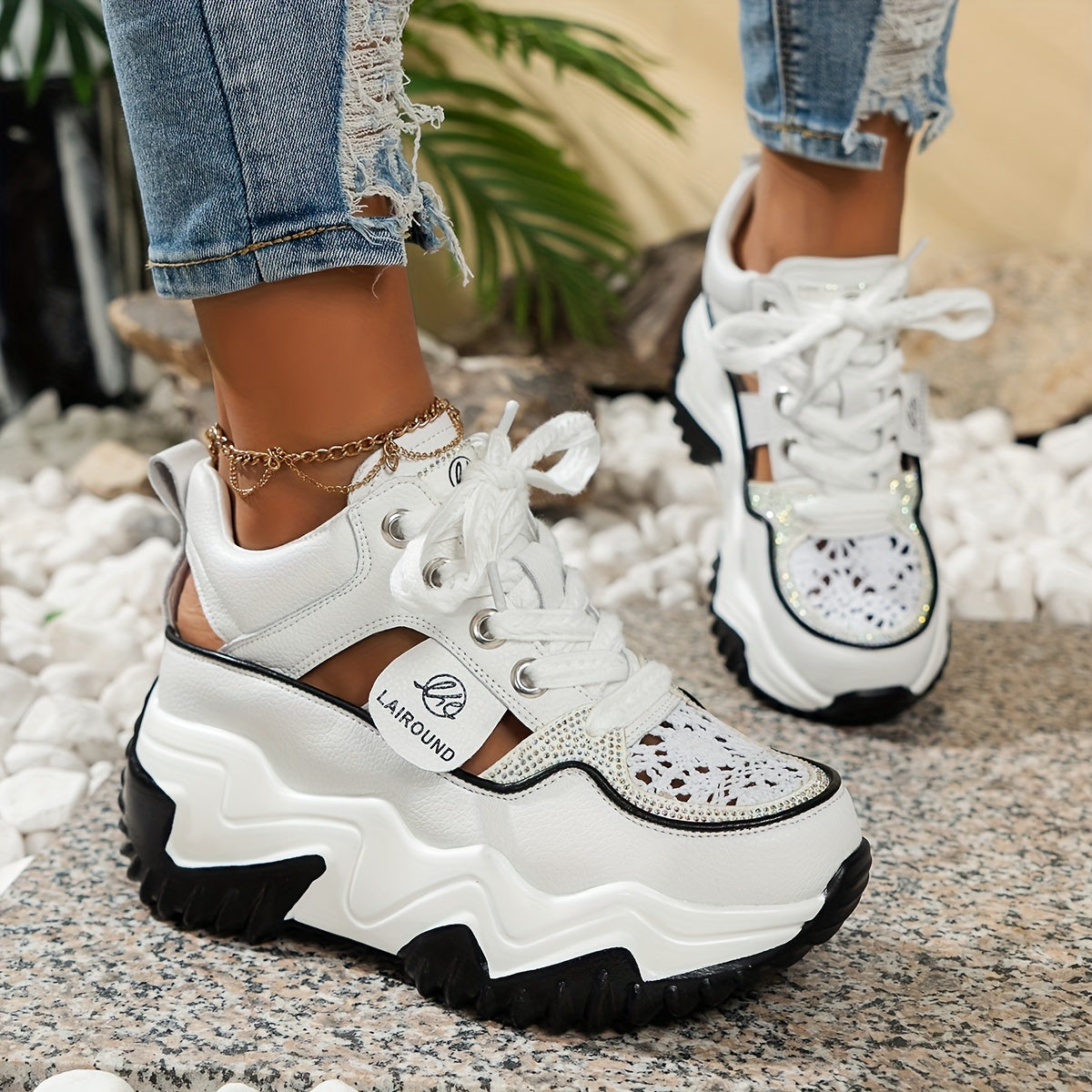 Solid color lace up platform sneakers with soft sole, hollow design, breathable and heightening low-top style for women.