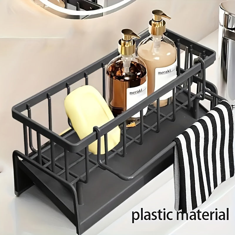 Black Self-Draining Plastic Kitchen Sink Drain Rack, Automatic Dish Drying Rack, Soap and Sponge Holder for Kitchen Countertop Storage