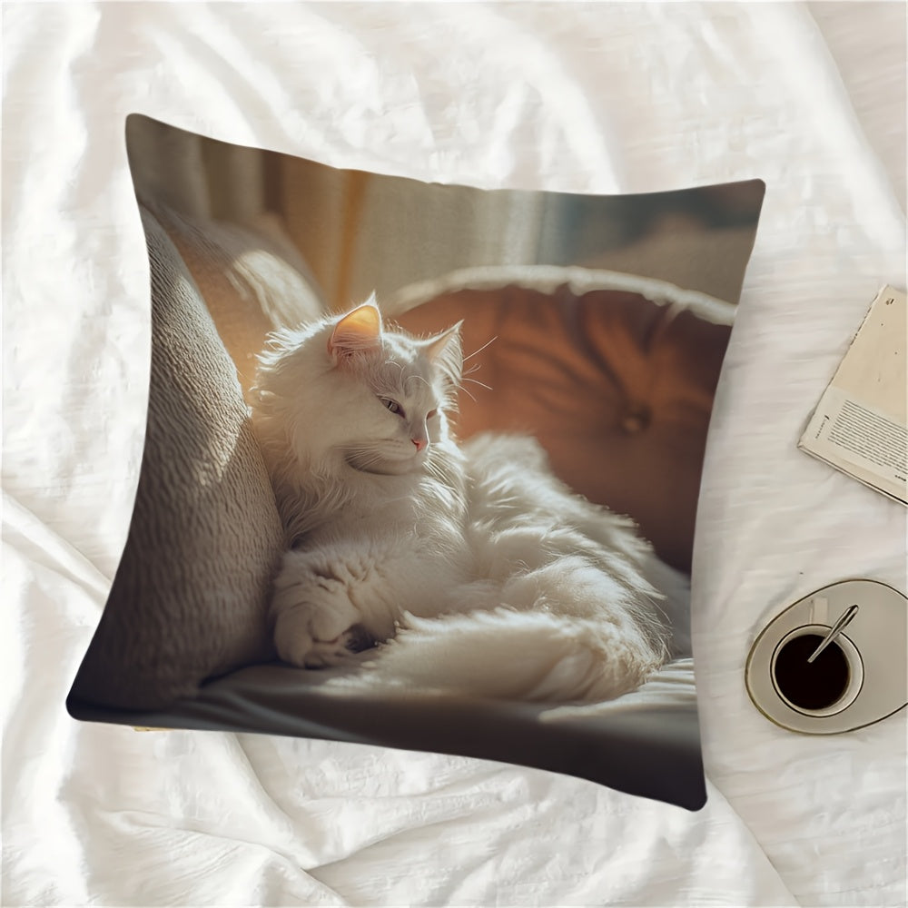 Soft White Cat Print Cushion Cover - Reversible Design, Ideal for Farmhouse Style and Festive Gatherings, Easy to Clean Polyester Pillowcase for Home and Workspaces (Pillow not included)