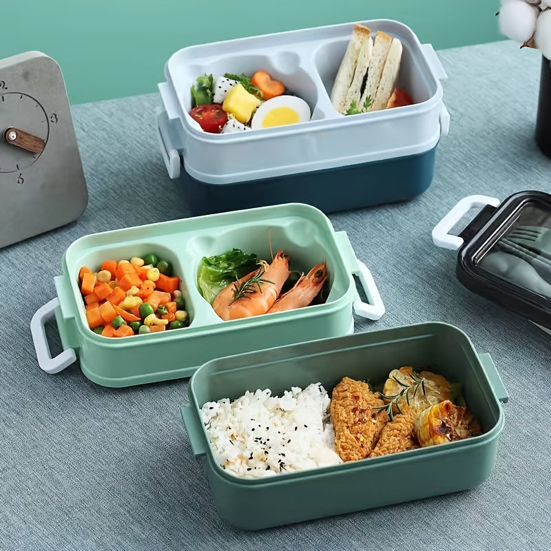 Colorful Double-Layer Leakproof Lunch Box with Cutlery Set, 1pc - Microwave Safe, Durable Plastic, Rectangular Bento Box ideal for Students & Office Workers; Comes in Pink, Blue, Green, and Dark Teal Options.