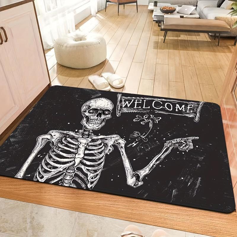 Skeleton Welcome Doormat - Machine Washable Polyester Flannel Indoor Mat with PVC Backing, Rectangle Textile Mat for Laundry, Bathroom, Kitchen, Living Room, Bedroom Entrance Decoration - Area Mat that is Washable