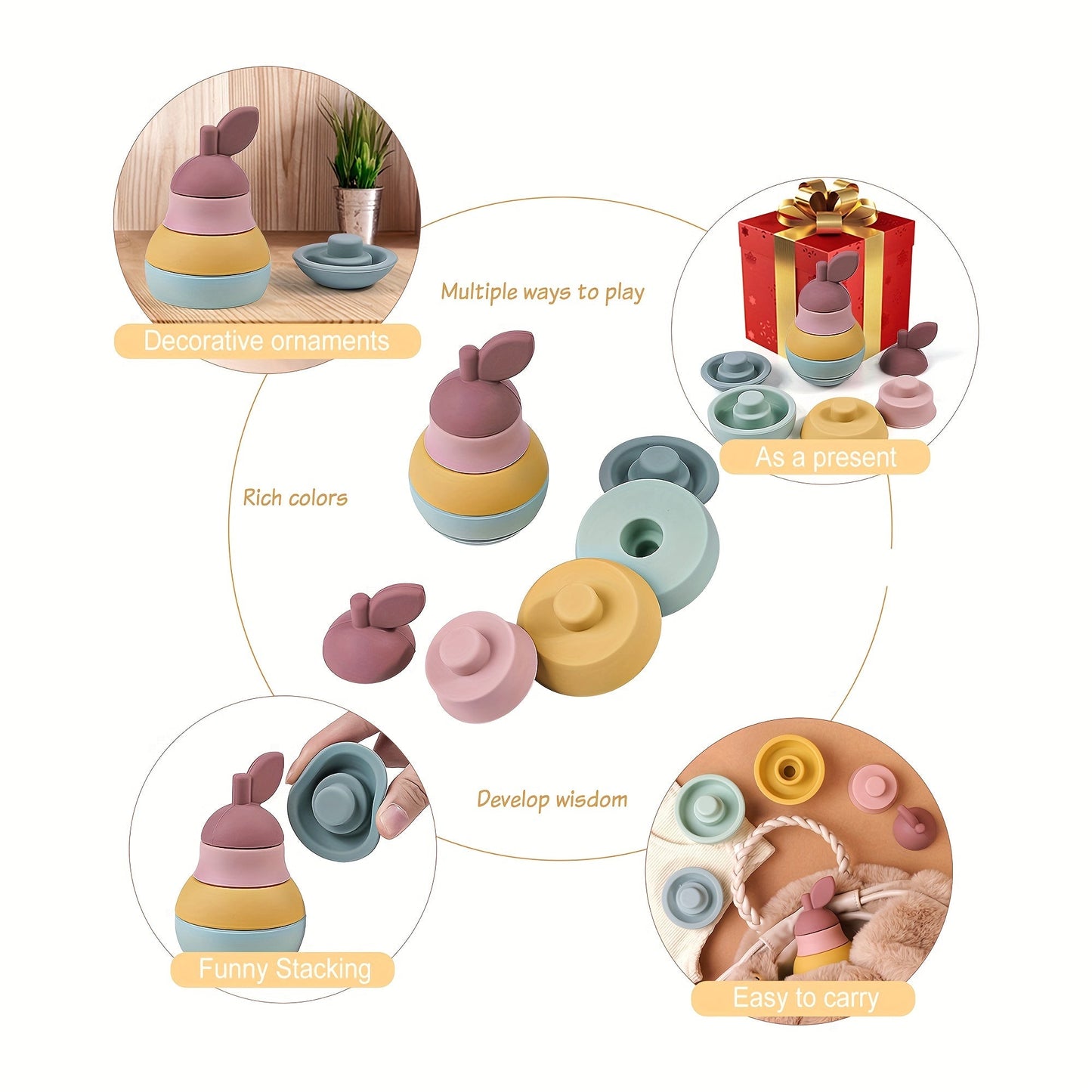 TYRY.HU presents Silicone Stacking Toys for babies, featuring a Fruit Nesting Design with BPA-free Soft Silicone materials. These Colorful Stacking Blocks come with Rubber Teething Toy shapes for Shape & Color Matching education development. A perfect