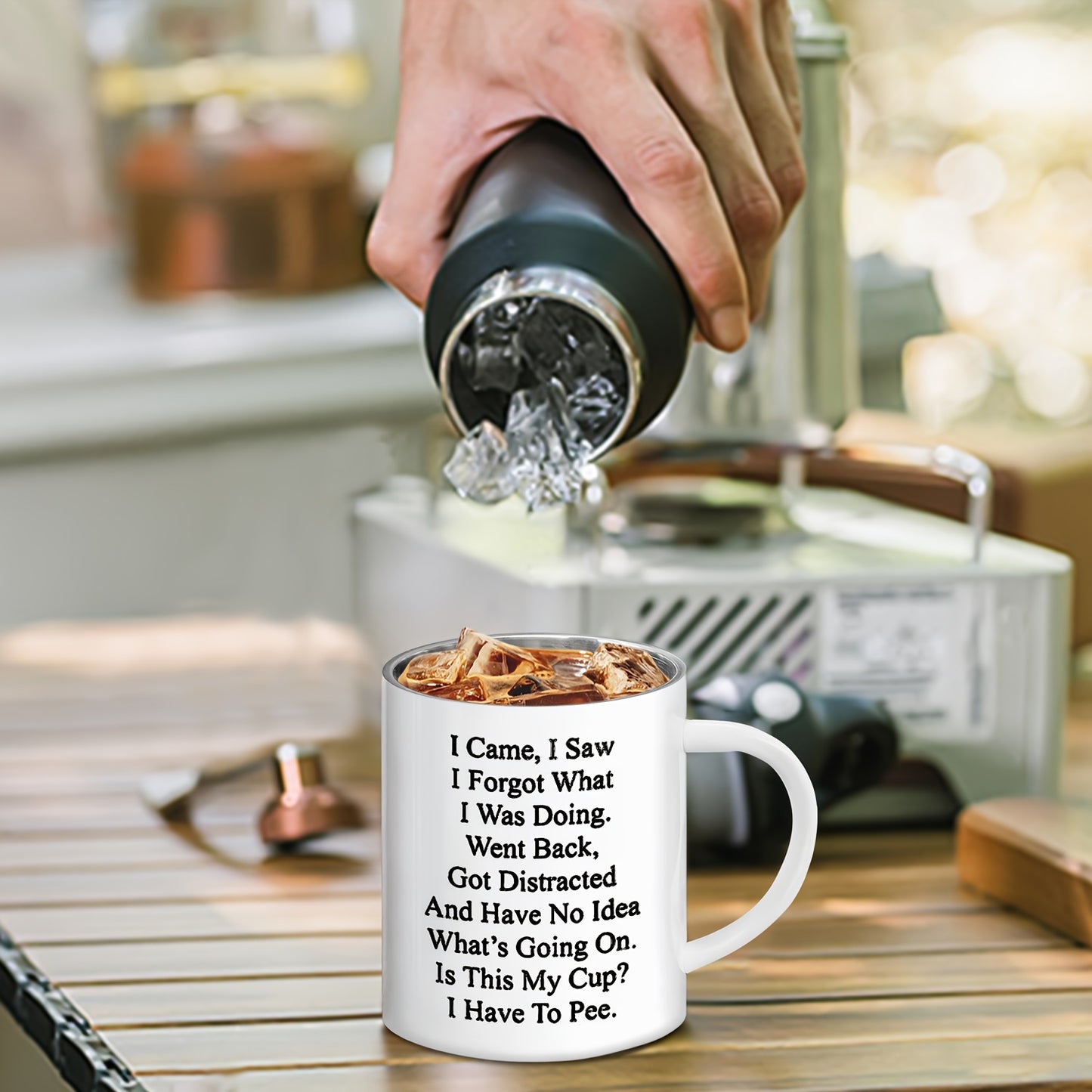 Humorous senior camping coffee mug - 11oz stainless steel with handle. Ideal gift for elderly parents and grandparents on special occasions. BPA-free and reusable.