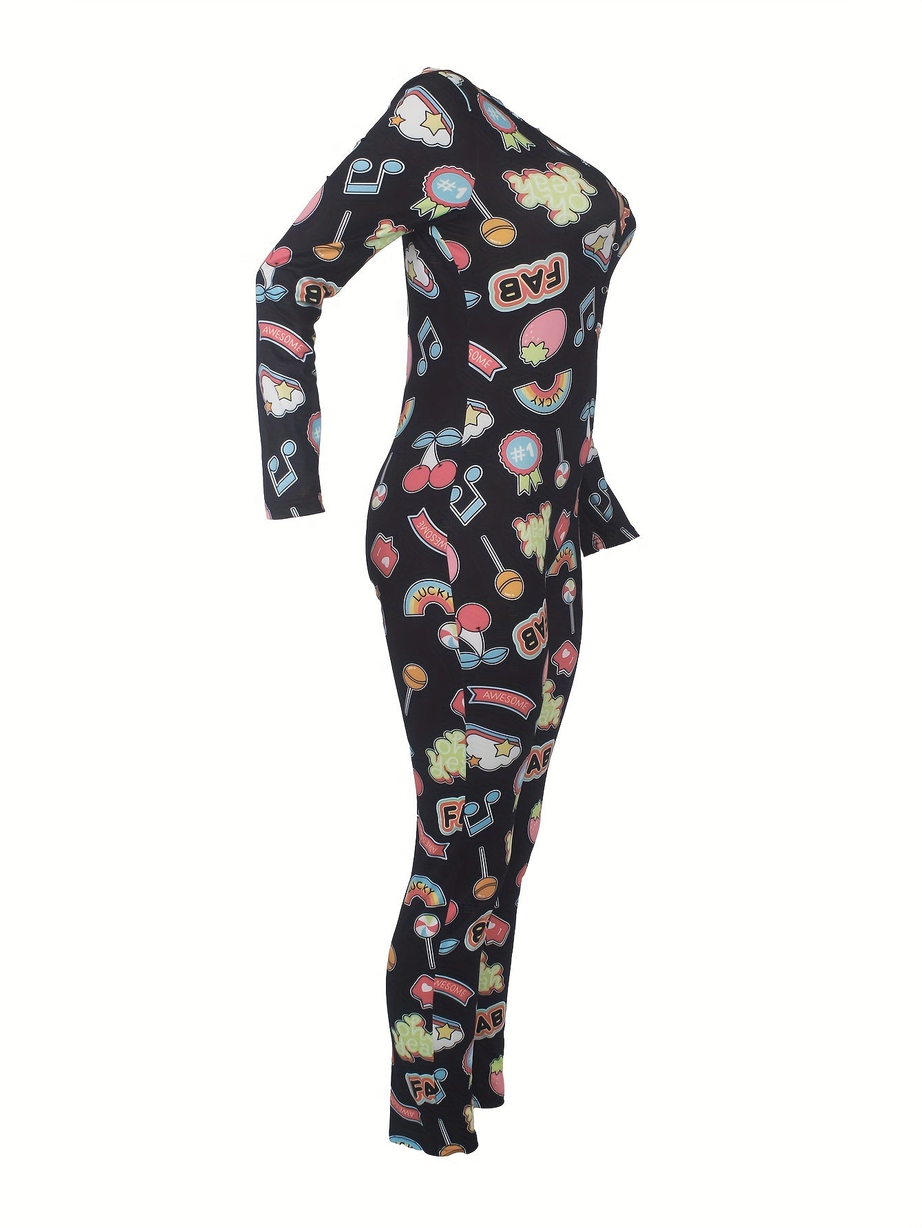 Patterned lounge jumpsuit for women, featuring a casual V-neck, long sleeves, and button closure.