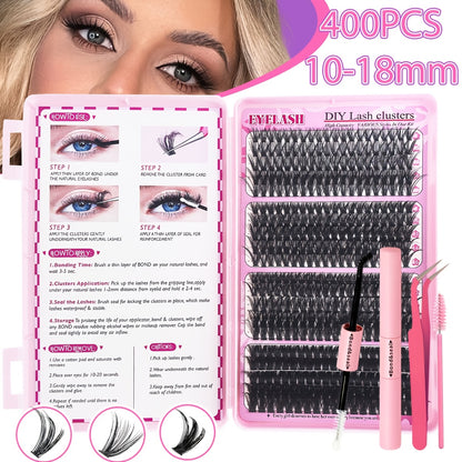 DIY lash extension kit with D curl individual lashes. Contains 200/400/800pcs of lash clusters for fuller, longer lashes. Can be reused.