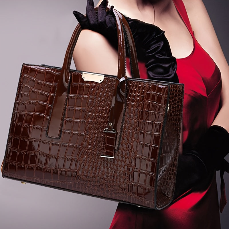 Stylish crocodile pattern handbag, great for travel or gifting, with spacious interior and versatile carrying choices.