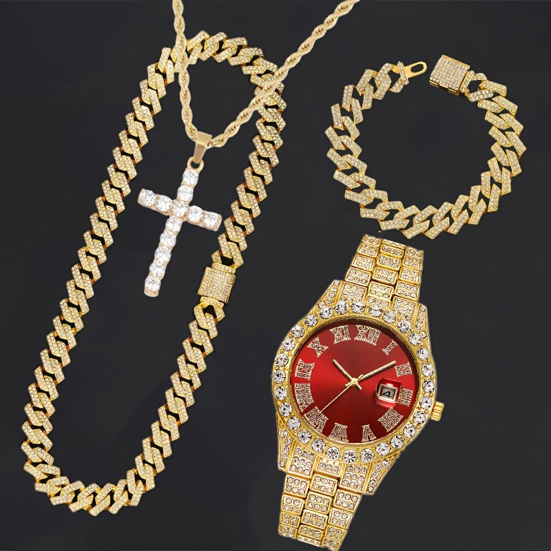 Set of 4 pieces: Men's Rhinestone Wrist Watch and Cross Pendant Jewelry Set, suitable for both Men and Women.