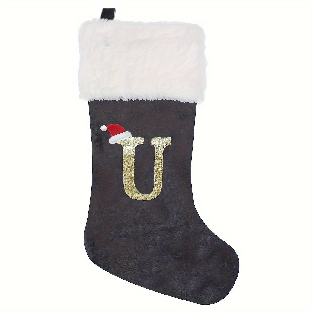 Modern Christmas stocking featuring 'HOME' embroidery in grey and white, made of polyester flannel, 43.18cm in length, feather-free, perfect holiday gift.