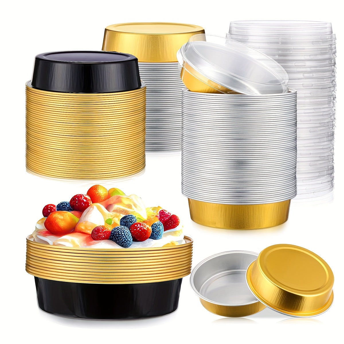 Set of 20 golden mini pie tins with lids, each measuring 10.16cm and holding 8oz. Made of disposable aluminum foil, perfect for creme brulee, tarts, and cakes. These oven-safe individual baking containers are a convenient choice for your cooking needs.