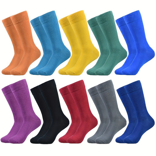 10 pairs of men's colorful fashion dress socks made of cotton that are sweat resistant, anti-odor, comfortable, and over the calf.