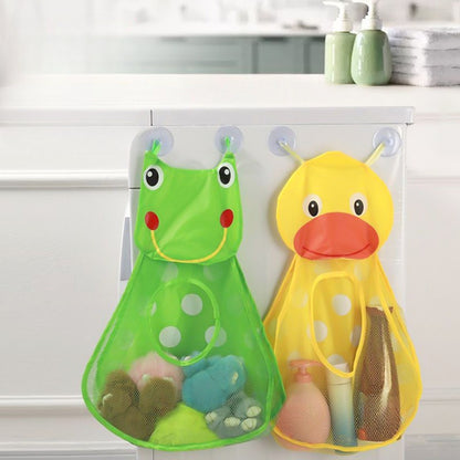 Adorable frog and duck hanging storage bag with suction cups. Made of lightweight PVC and polyester mesh. Mounts on wall for bathroom accessories, toys, and more. Green and yellow. Perfect bathroom organizer.