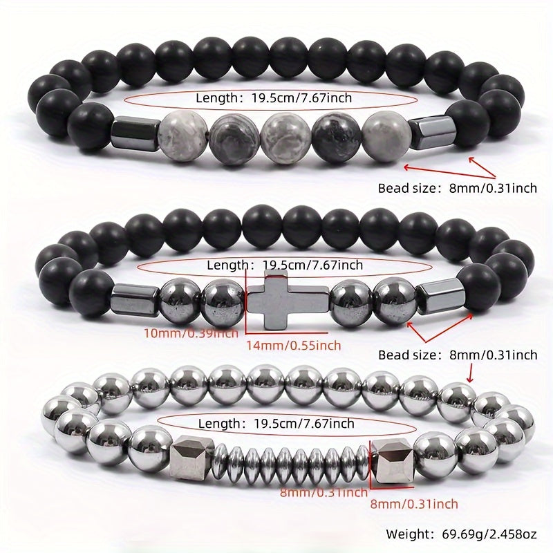 Matte Beaded Bracelet Set with Stone Cross Pendants - Stylish and Versatile Jewelry Gift