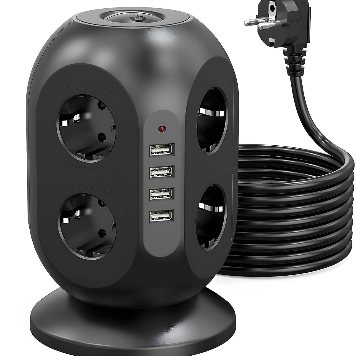 Power strip with 4 USBs, multi-socket tower, 1.8m extension cable, surge protection with dual switches for garden, office, kitchen.