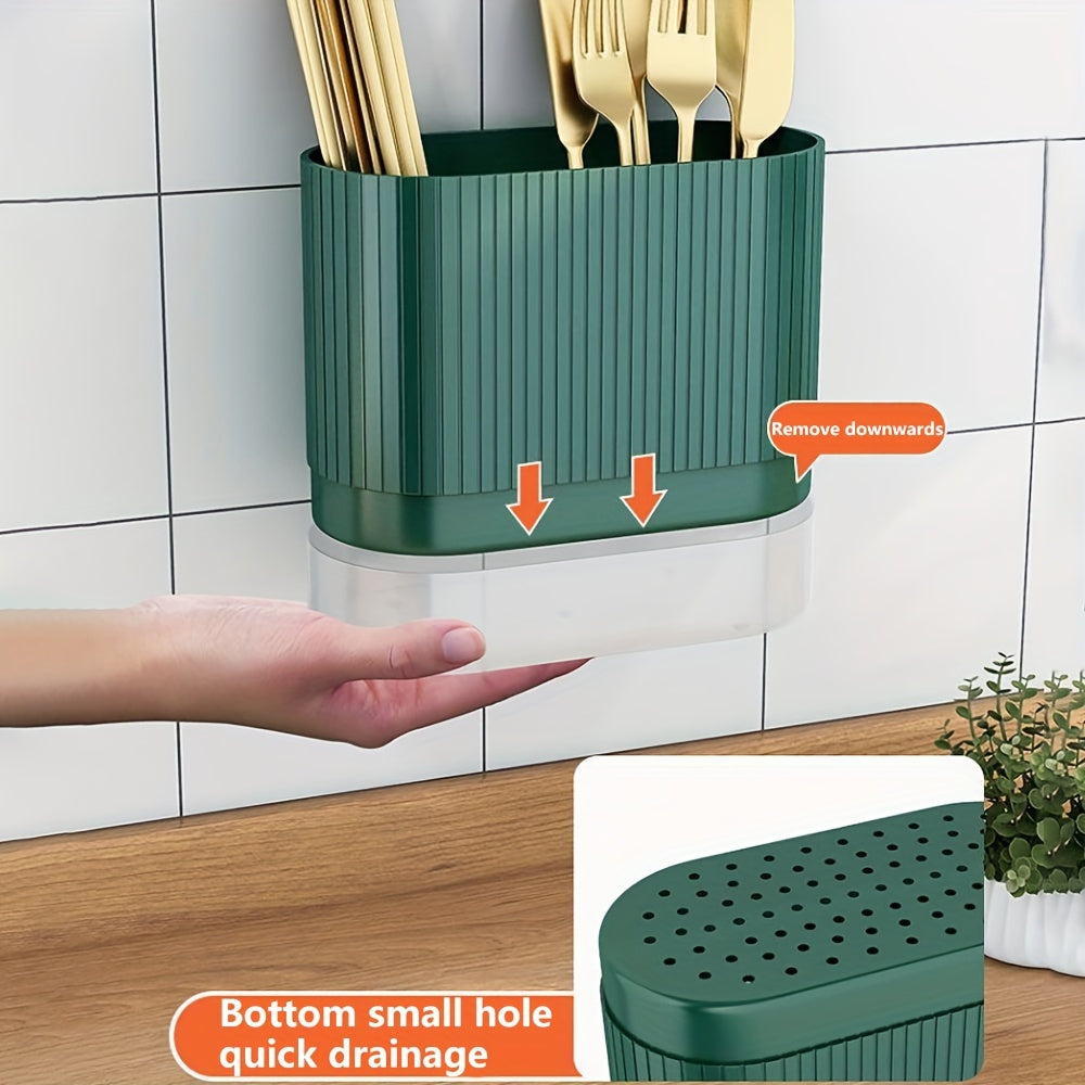 Kitchen Utensil Organizer: Wall-Mounted Holder for Chopsticks, Spoons, and Forks - Features Drainage System and Durable Plastic Storage Caddy