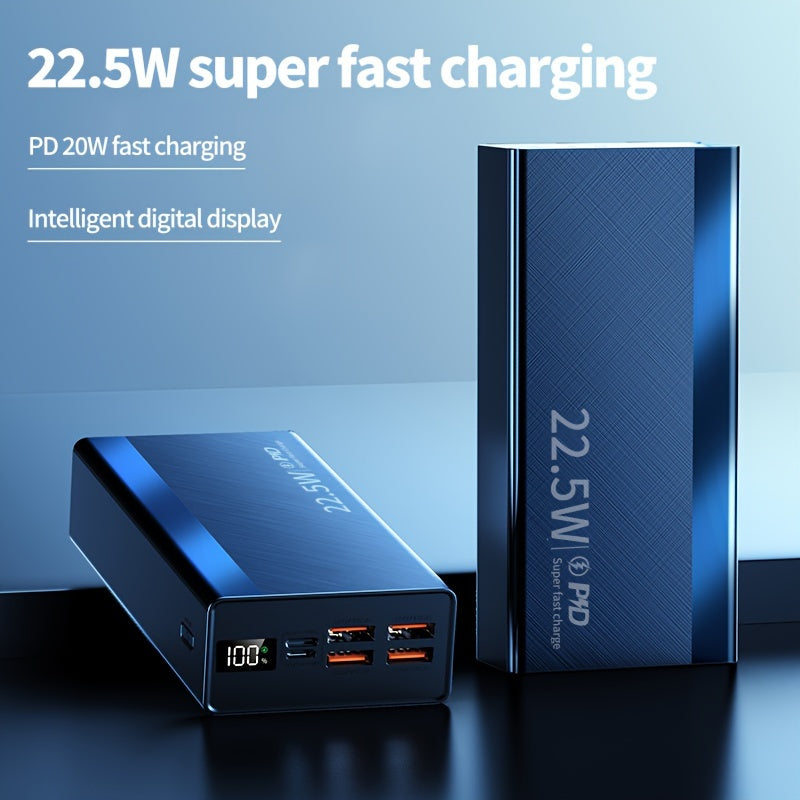 Large capacity power bank with fast charging capabilities, multiple input/output interfaces, intelligent battery display, and compatibility with various mobile devices. Ideal for outdoor