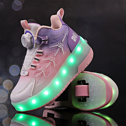 Youngsters' Fashion LED Light-Up Roller Skates in Pink & Purple Gradient Design with White Star Patterns - USB Rechargeable & Durable for All Seasons - Low-Top PU Sneakers for Boys & Girls