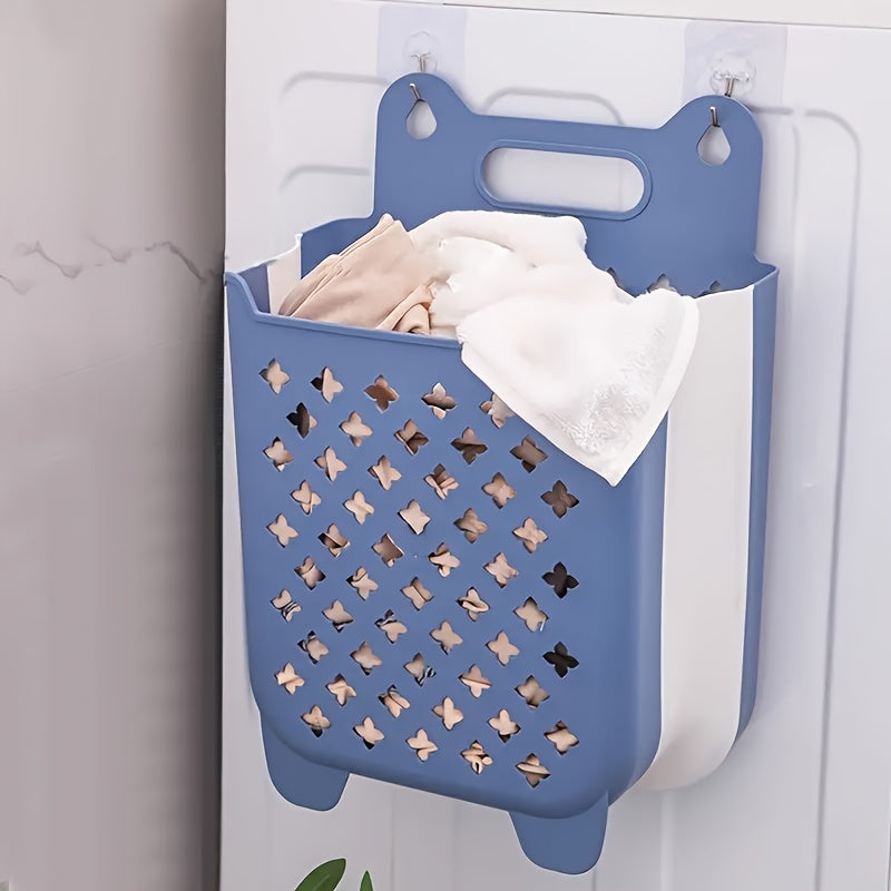 Contemporary Blue & White Wall-Mounted Foldable Laundry Basket with Star Cutouts - Space-Saving Dirty Clothes Organizer for Bathroom, Bedroom, or Laundry Room