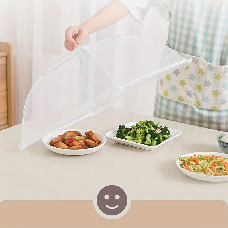 Lace mesh food cover that pops up like an umbrella to protect food from dust, reusable and collapsible design for table, kitchen utensil.