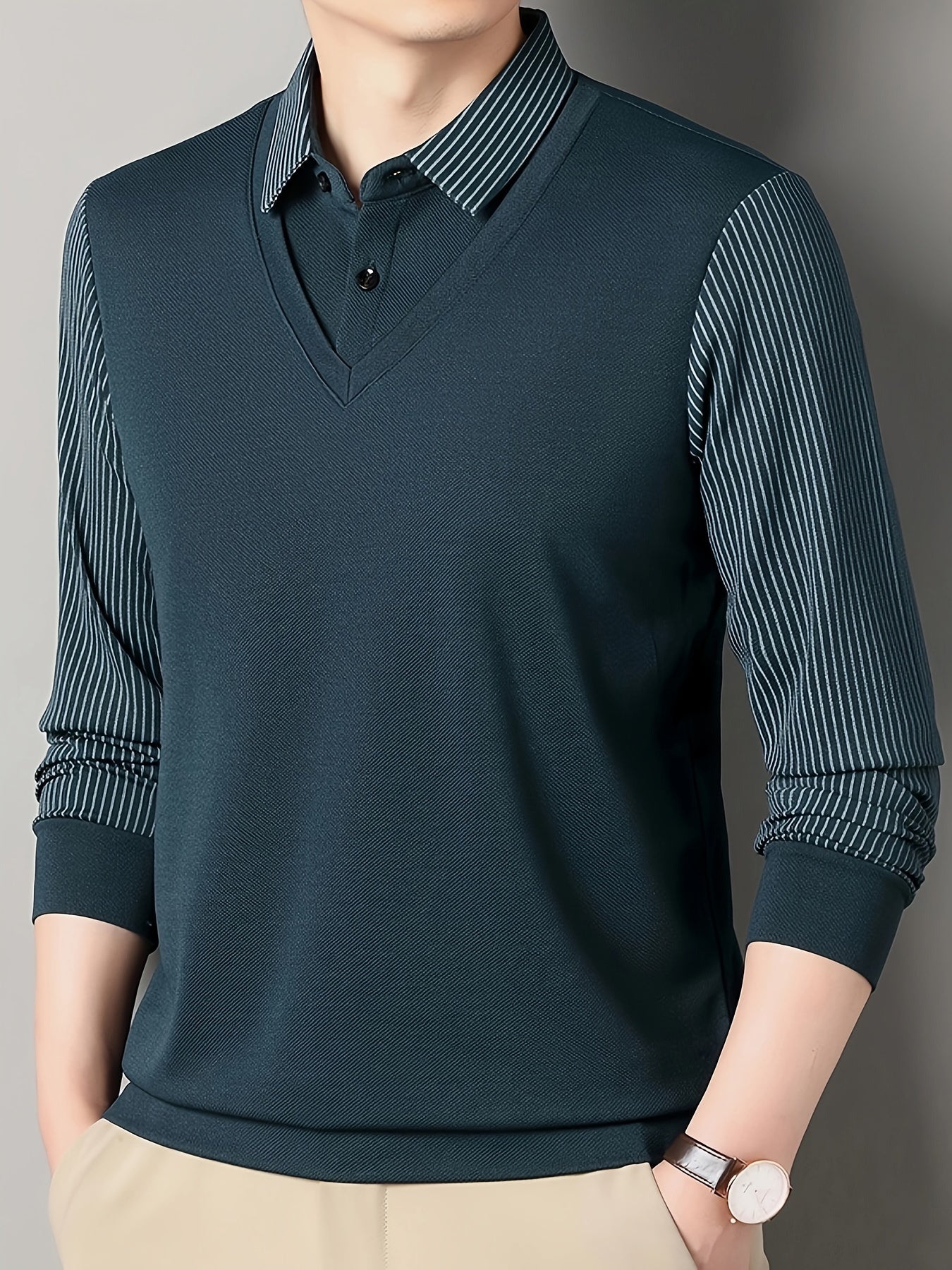 Men's long-sleeve golf shirt with breathable fabric for spring/fall wear.