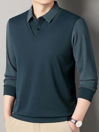 Men's long-sleeve golf shirt with breathable fabric for spring/fall wear.