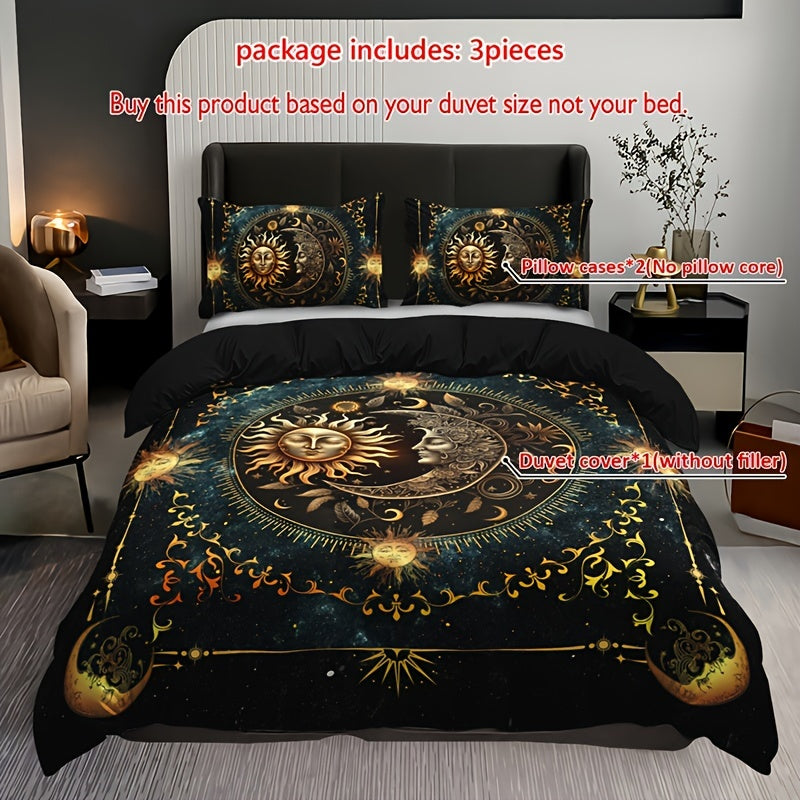 Golden Astrological Design 3 Piece Sun and Moon Celestial Digital Print Duvet Cover Set made of 100% Polyester. Machine Washable, Breathable Fabric for All-Season Comfort. Set includes 1 Duvet Cover and 2 Pillowcases (No Insert). Perfect Christmas