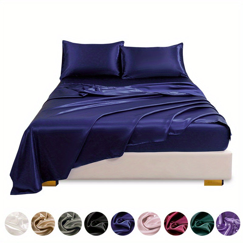 4 pieces of polyester satin solid fitted sheet set includes 1 fitted sheet, 1 flat sheet, and 2 pillowcases, available in Twin, Full, Queen, or King sizes.