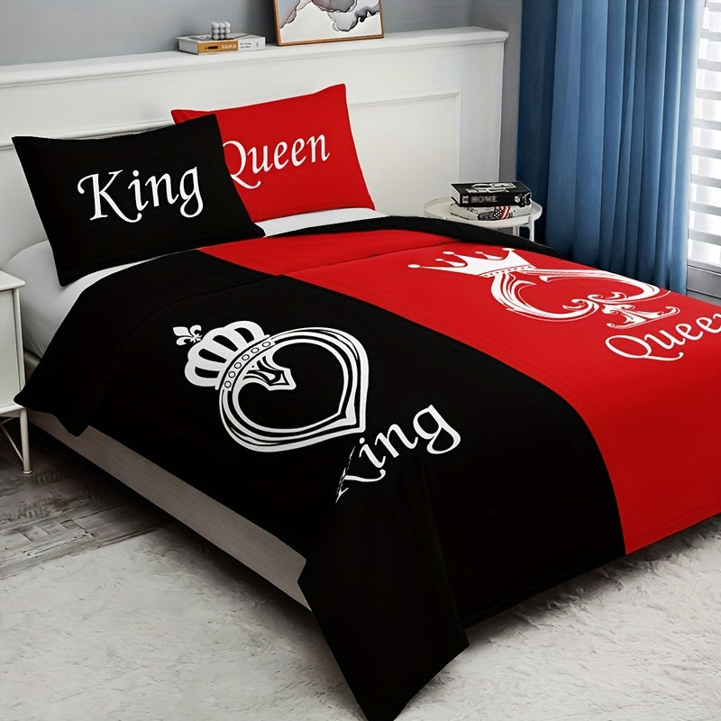 Black and red crown pattern bedding set includes 3 pieces: 1 duvet cover and 2 pillowcases. Soft and perfect for bedroom or guest room. Duvet cover set does not include core.