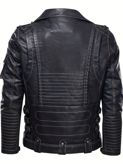 Men's stylish black biker jacket with zipper pockets, loose fit, studded details, and durable polyester lining, perfect for spring and fall.