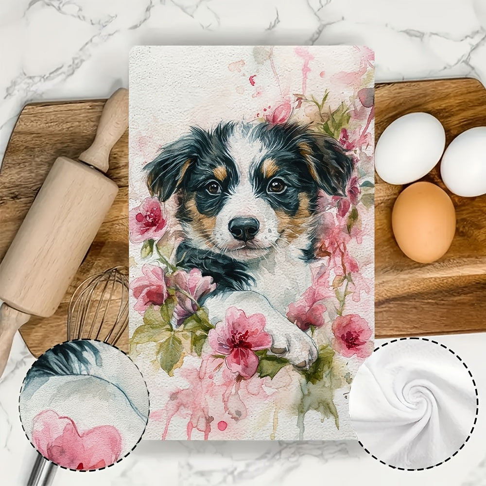 Two pieces of ultra soft kitchen towels featuring an adorable puppy and pink roses design. These towels are highly absorbent and quick-dry, making them perfect for Valentine's Day decor. They are machine washable and measure 40.64x60.96 cm.