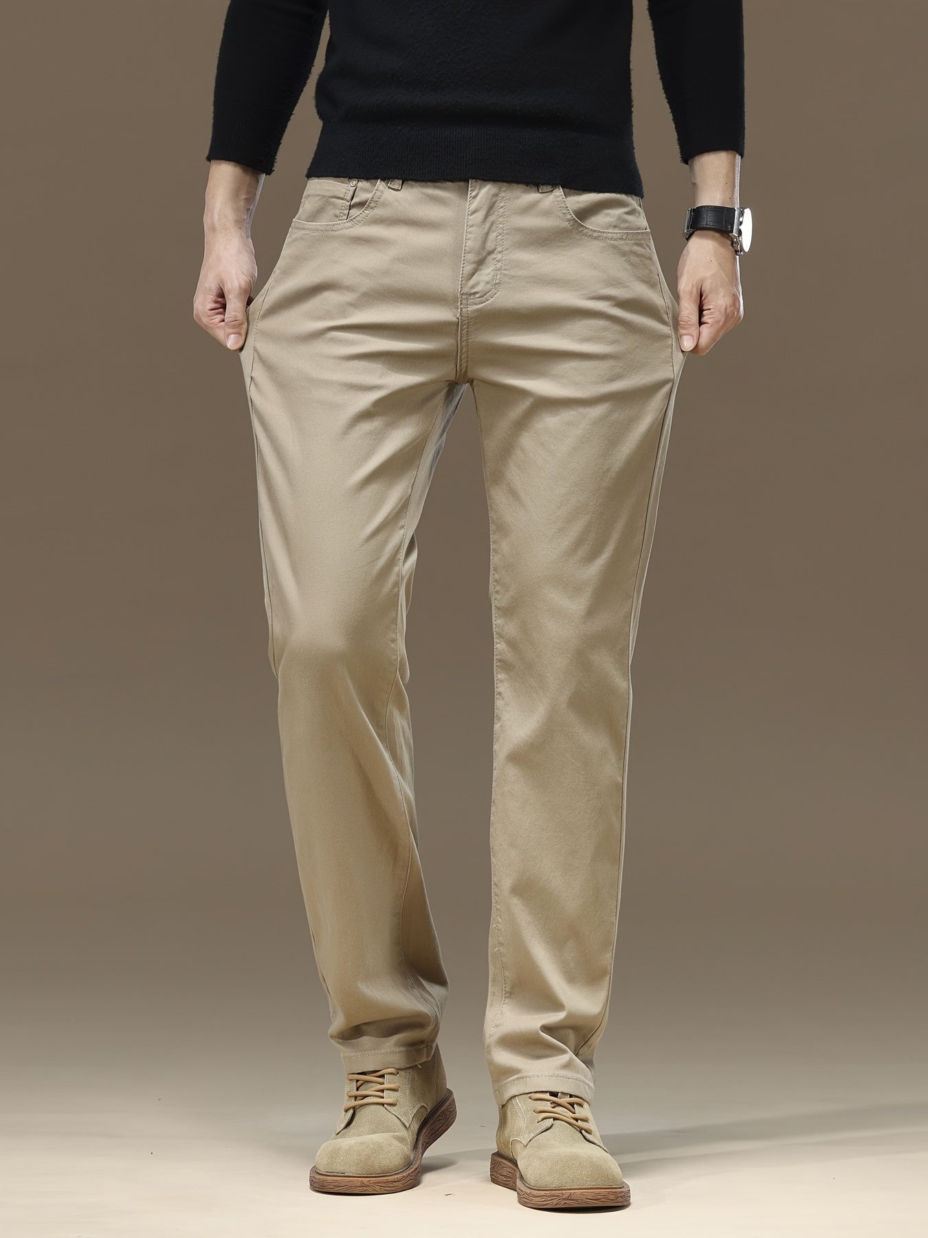 Men's cotton chinos with slight stretch and button fly closure - versatile for casual or business wear all year round