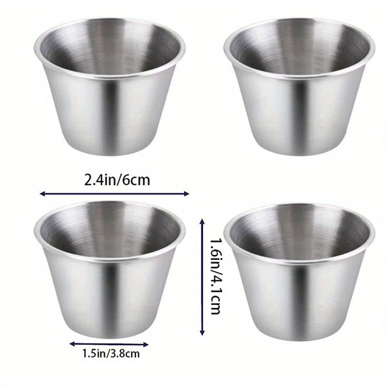 4 small stainless steel sauce cups in 6 sizes for commercial use, perfect for appetizers and condiments.