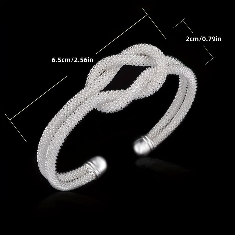 Braided Mesh Open Hand Ring Bracelet in Silvery S925, Unisex Design for Men and Women with Matching Models