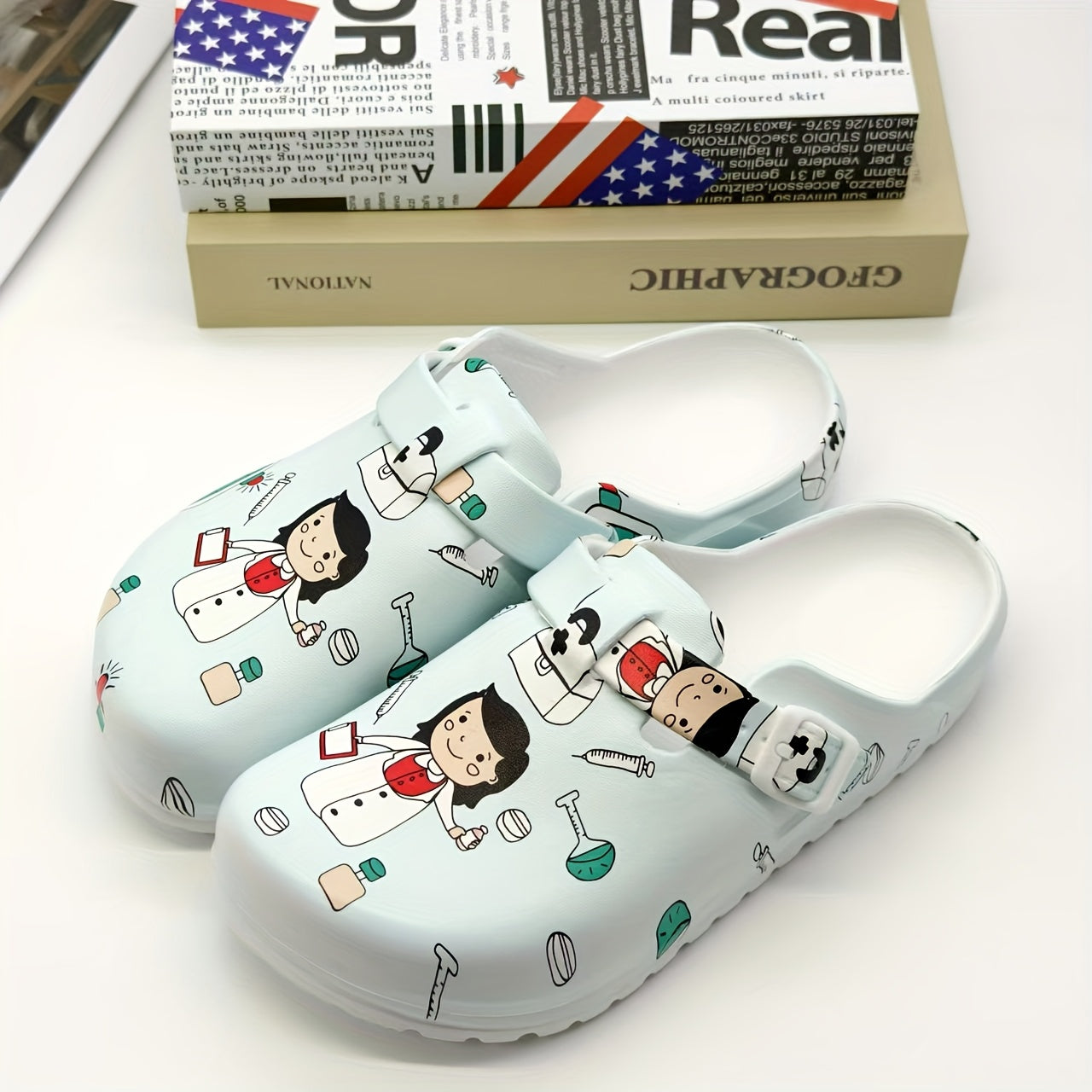 Stylish nurse clogs with durable, non-slip sole. Comfortable slip-on design with toe strap. Perfect for work or casual wear. Made with EVA material.