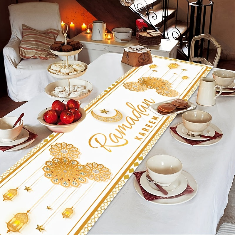 Polyester Ramadan table runner and flag featuring Eid Mubarak designs, perfect for home decorations and gifts during Ramadan and Eid Al-Fitr celebrations. Ideal for Islamic Muslim party