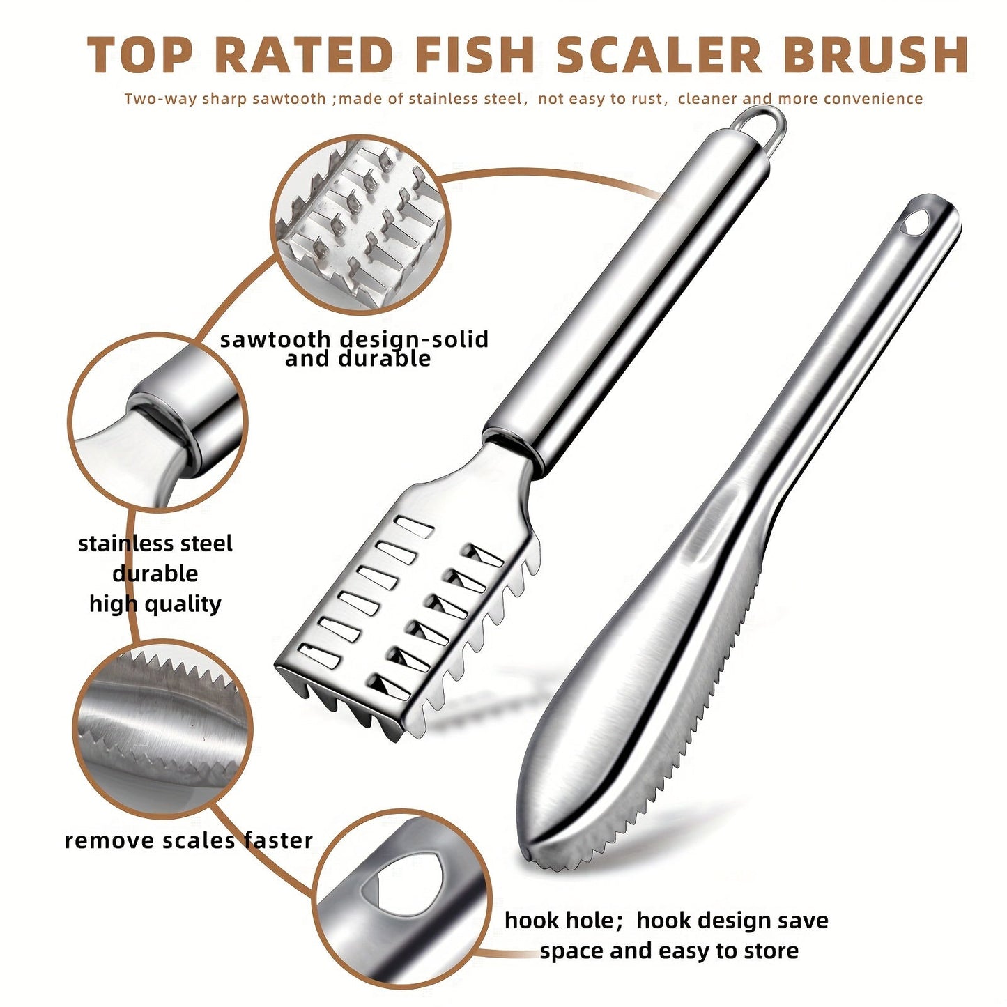 Set of 3 Stainless Steel Fish Scalers - Ergonomic Grip, Sharp Sawtooth Brush for Fast and Effective Scale Removal - Ideal for Salmon, Sea Bass, and other fish types