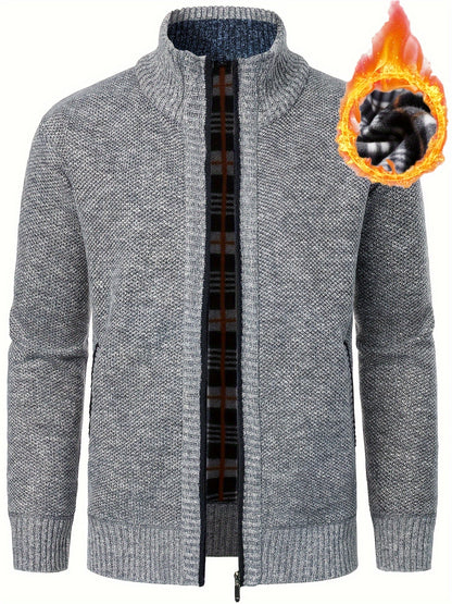 Men's Casual Knit Cardigan - 100% Polyester, Long Sleeve, Regular Fit, Stand Collar, Zip-Up, Fashionable Pullover for Autumn/Winter