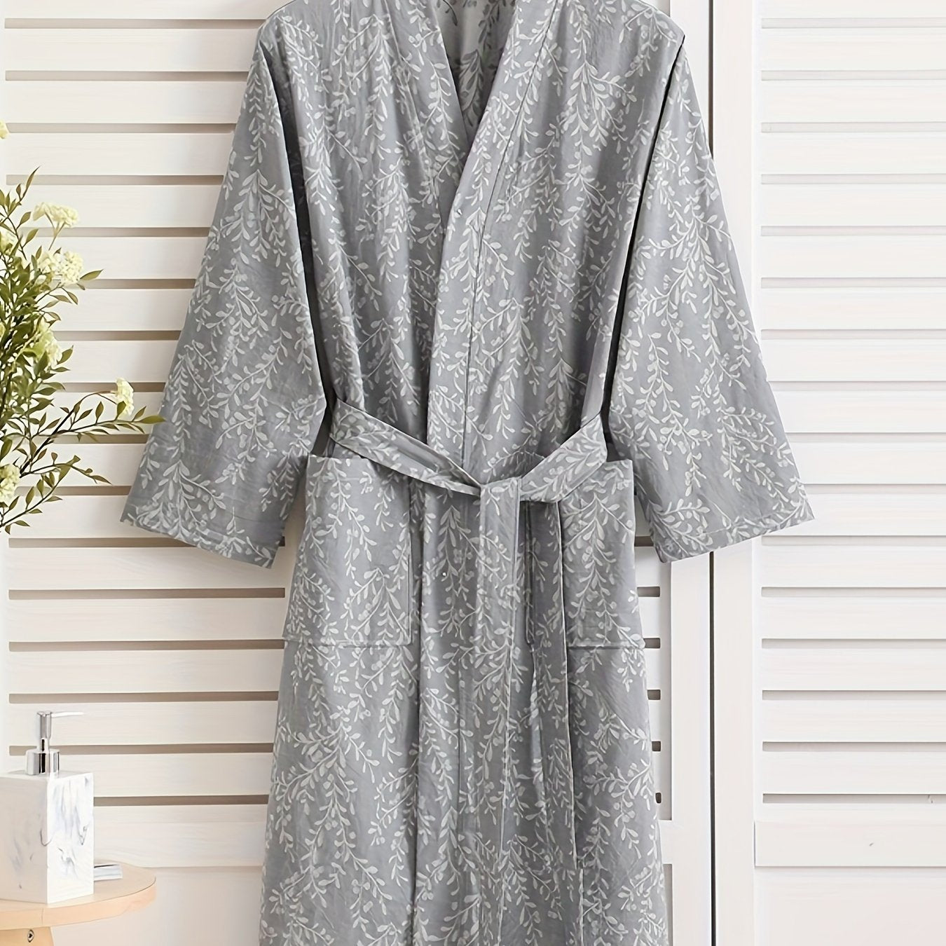 Women's lightweight cotton jacquard bathrobe with floral pattern, quick-dry absorbent fabric, long sleeves, v-neck, and belt in beige/floral design. Ideal for spring, summer, and fall.