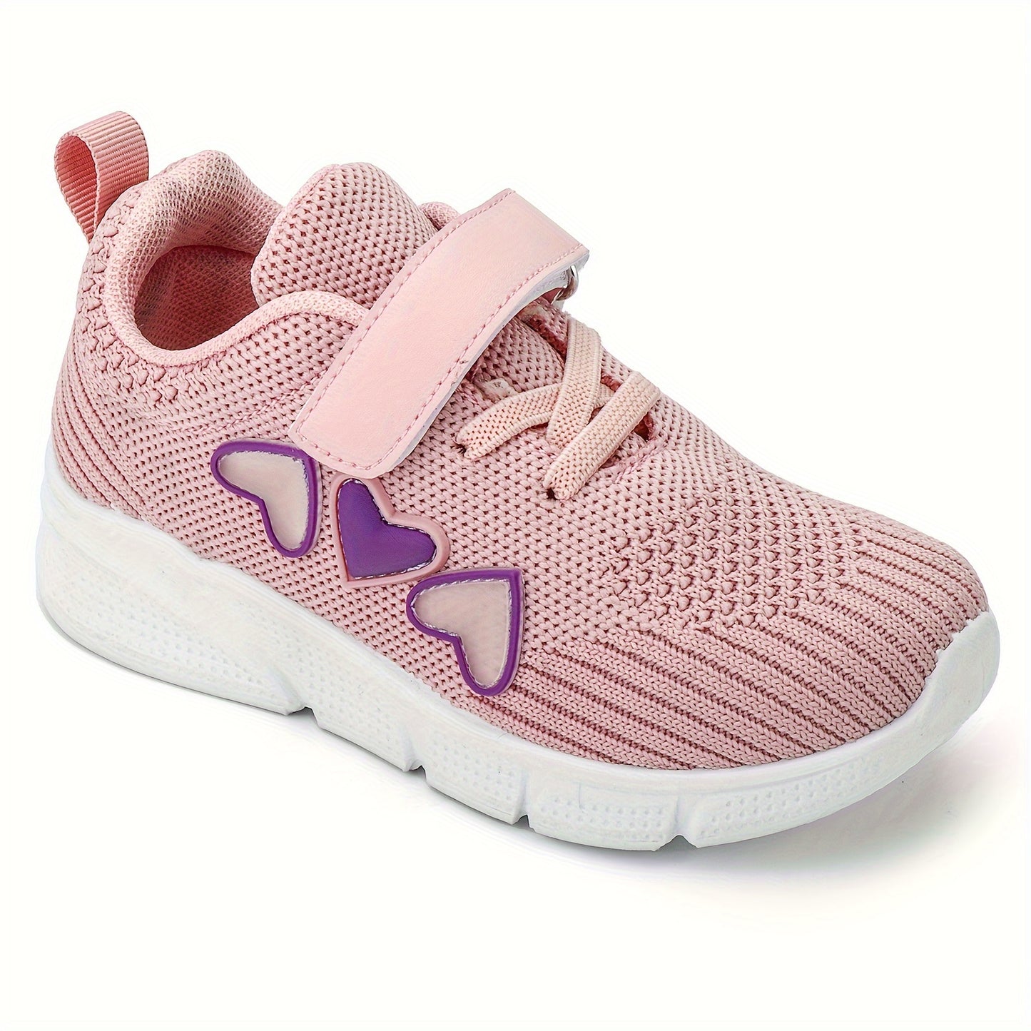 Kids' pink heart design athletic sneakers with breathable knit upper, secure hook-and-loop closure, non-slip rubber sole, perfect for running and walking all year round.