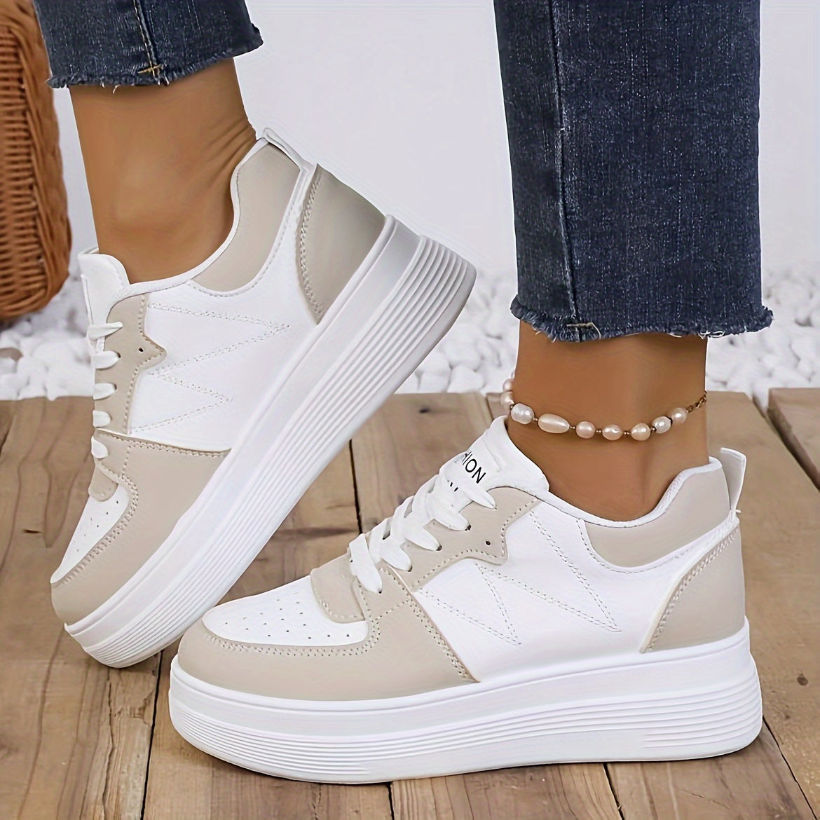 White & beige lace-up sneakers for women with synthetic cover, thick rubber sole, round toe design, and all-season comfort. Perfect for casual running and everyday wear. Trendy and