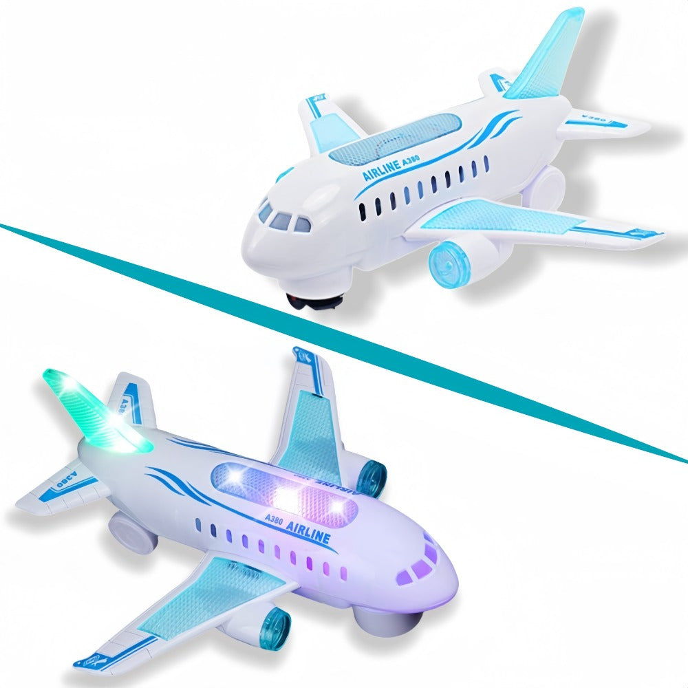 Safe plastic interactive electric airplane toy with LED lights and sounds, battery operated for educational play for children ages 3 and up. This white toy is the perfect gift for preschoolers.