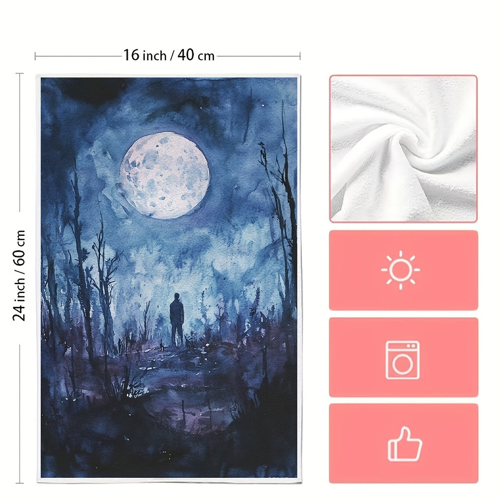 Set of 2 Ultra Soft Kitchen Towels featuring a Supernatural Night Theme with Full Moon & Shadowy Figure. These highly absorbent Polyester Dish Hand Towels are machine washable and measure 40.64x60.96 cm. Perfect for Holiday Decor and everyday use in the