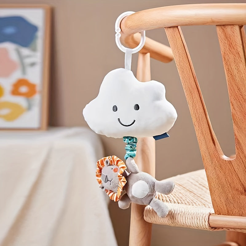 Toy car hanging bed with animal motif and pull bell, featuring a cartoon animal door handle pendant and baby music box.