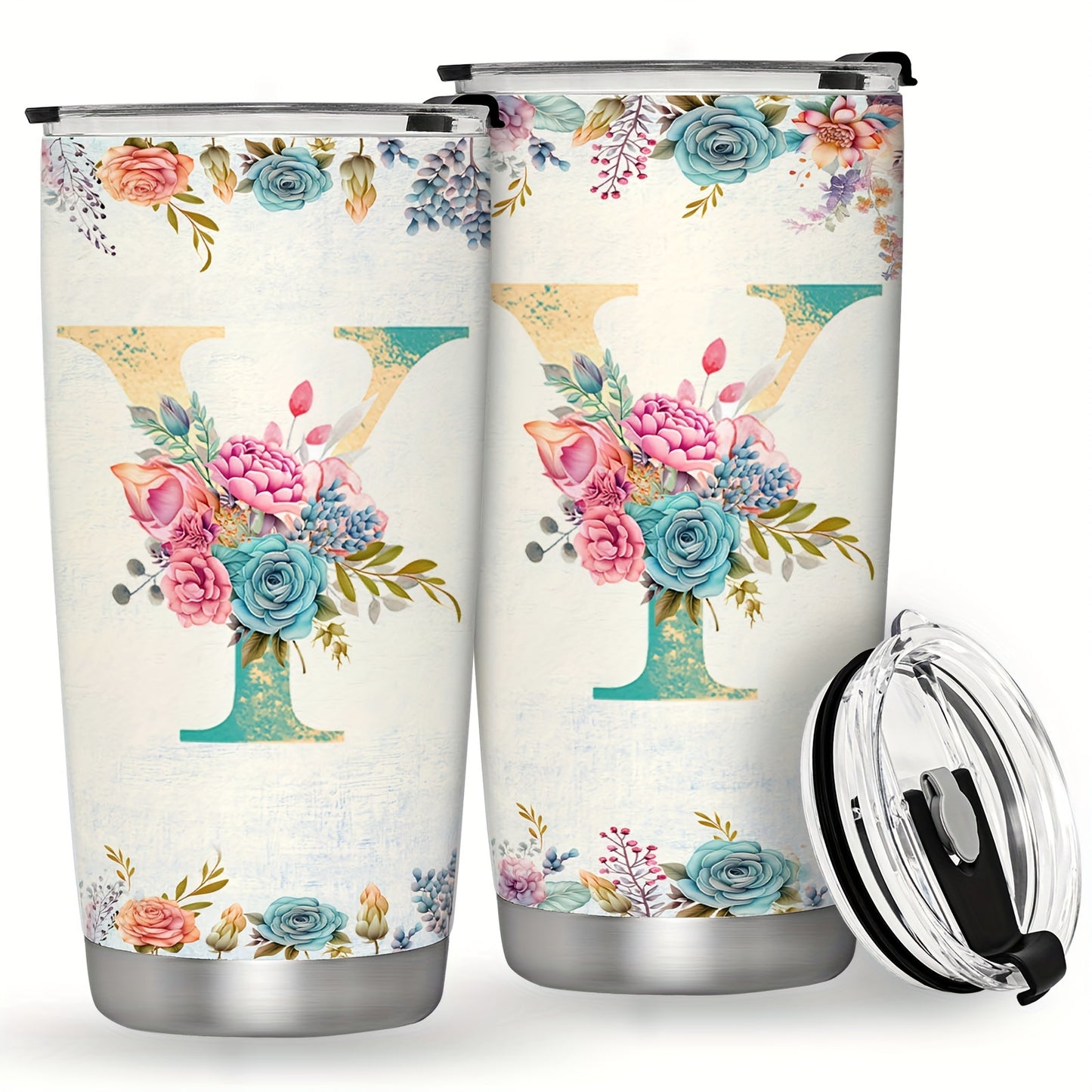 20oz Stainless Steel Tumbler with Initial Monogram, Floral Design, Leak Proof Lid, Perfect for Outdoor Activities, Great Gift for Holidays.