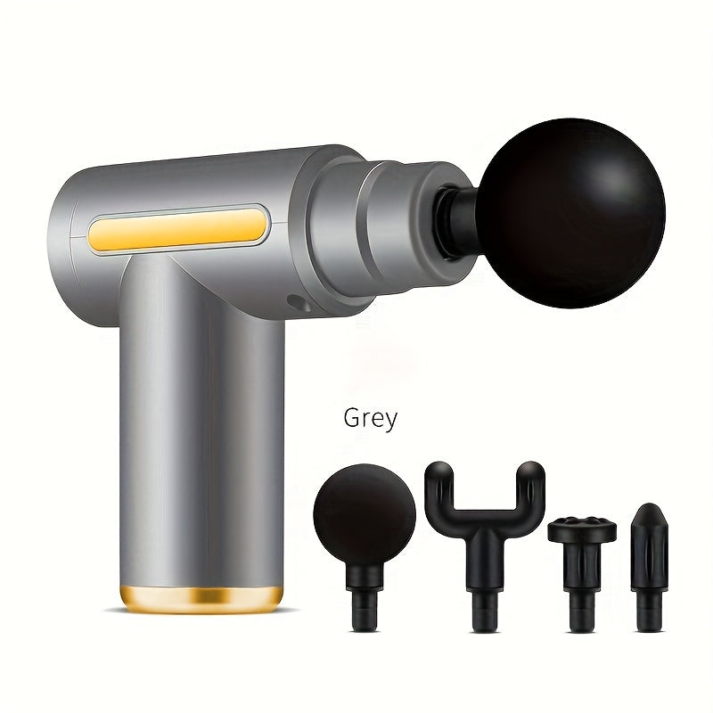 Handheld percussion massager with sleek black and golden design, 4 replaceable heads, 6-speed adjustment, and quiet brushless motor. USB rechargeable with 800mAh lithium battery for full