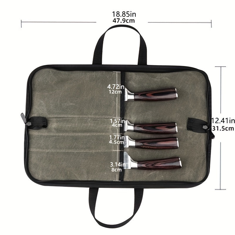 Fashionable water-resistant waxed canvas chef's knife roll bag made of durable polyester fiber. This portable kitchen utensil storage case features a handle for easy carrying of culinary tools.