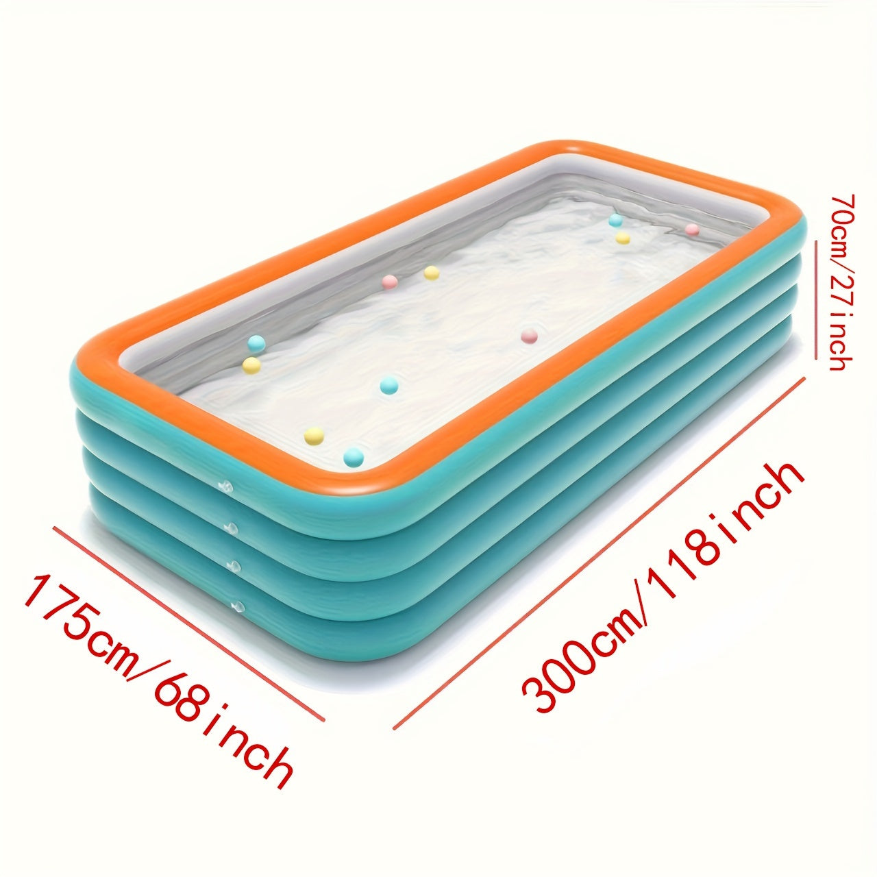 Large inflatable swimming pool for adults - 3m x 2.5m, reinforced and thickened, green and orange water park design with 4 rings, portable folding summer pool.