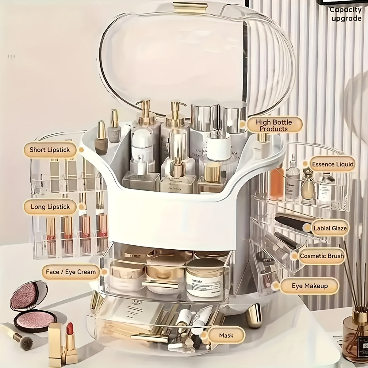 Cosmetic makeup organizer with drawers for vanity and bathroom storage.